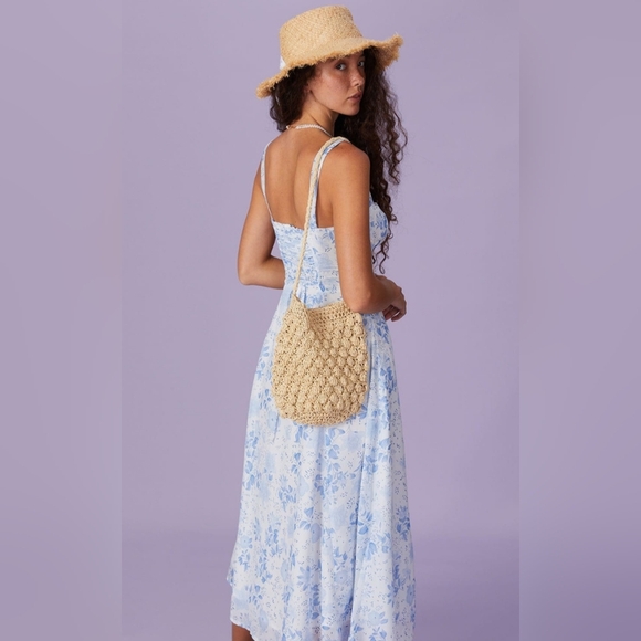 BNWT / RIHOAS/ Small / Medium/ blue square neck floral ruched midi dress - Picture 2 of 5